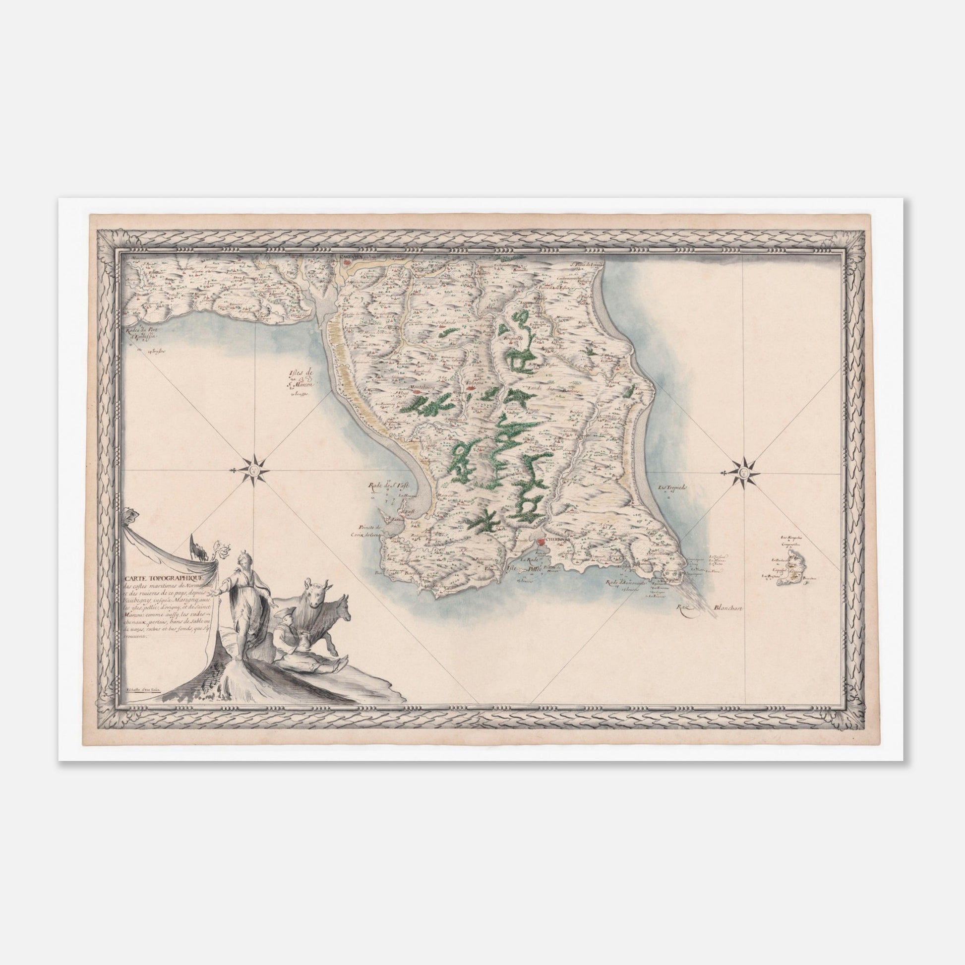 Carte maritime ancienne de Normandie : Vaubigny à Marigny (40x60 cm). Carte topographique ancienne des côtes maritimes de Normandie, de Vaubigny à Marigny, avec les rivières et les îles de Pelée, d'Origny et de Saint-Marcouf.