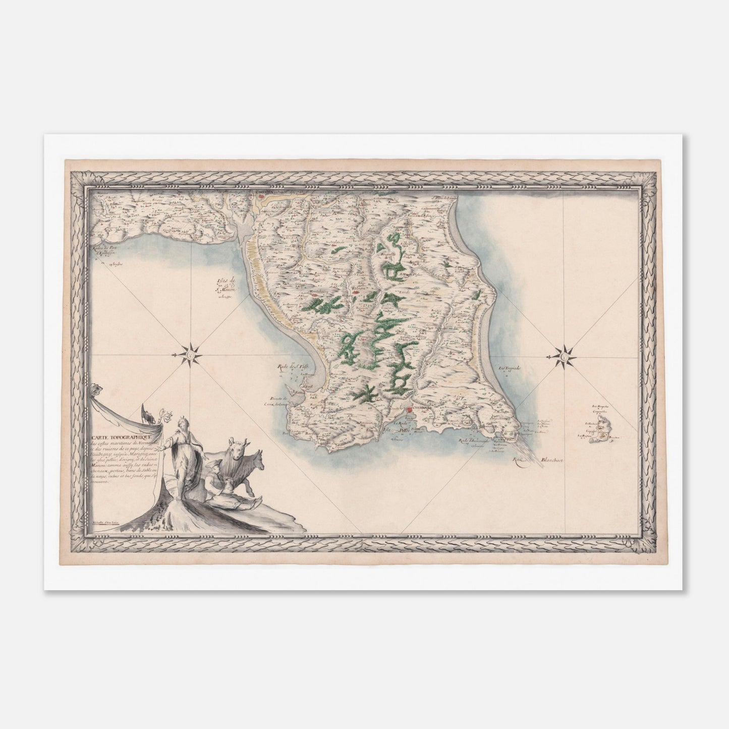 Carte maritime ancienne de Normandie : Vaubigny à Marigny (50x70 cm). Carte topographique ancienne des côtes maritimes de Normandie, de Vaubigny à Marigny, avec les rivières et les îles de Pelée, d'Origny et de Saint-Marcouf.