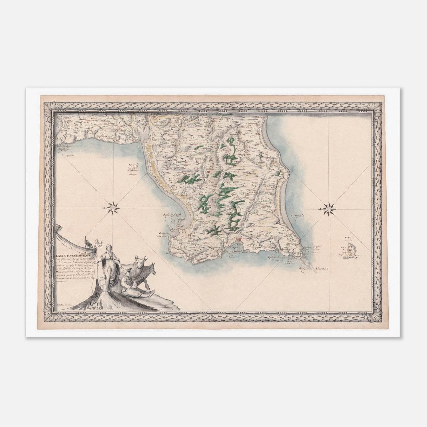 Carte maritime ancienne de Normandie : Vaubigny à Marigny (60x90 cm). Carte topographique ancienne des côtes maritimes de Normandie, de Vaubigny à Marigny, avec les rivières et les îles de Pelée, d'Origny et de Saint-Marcouf.