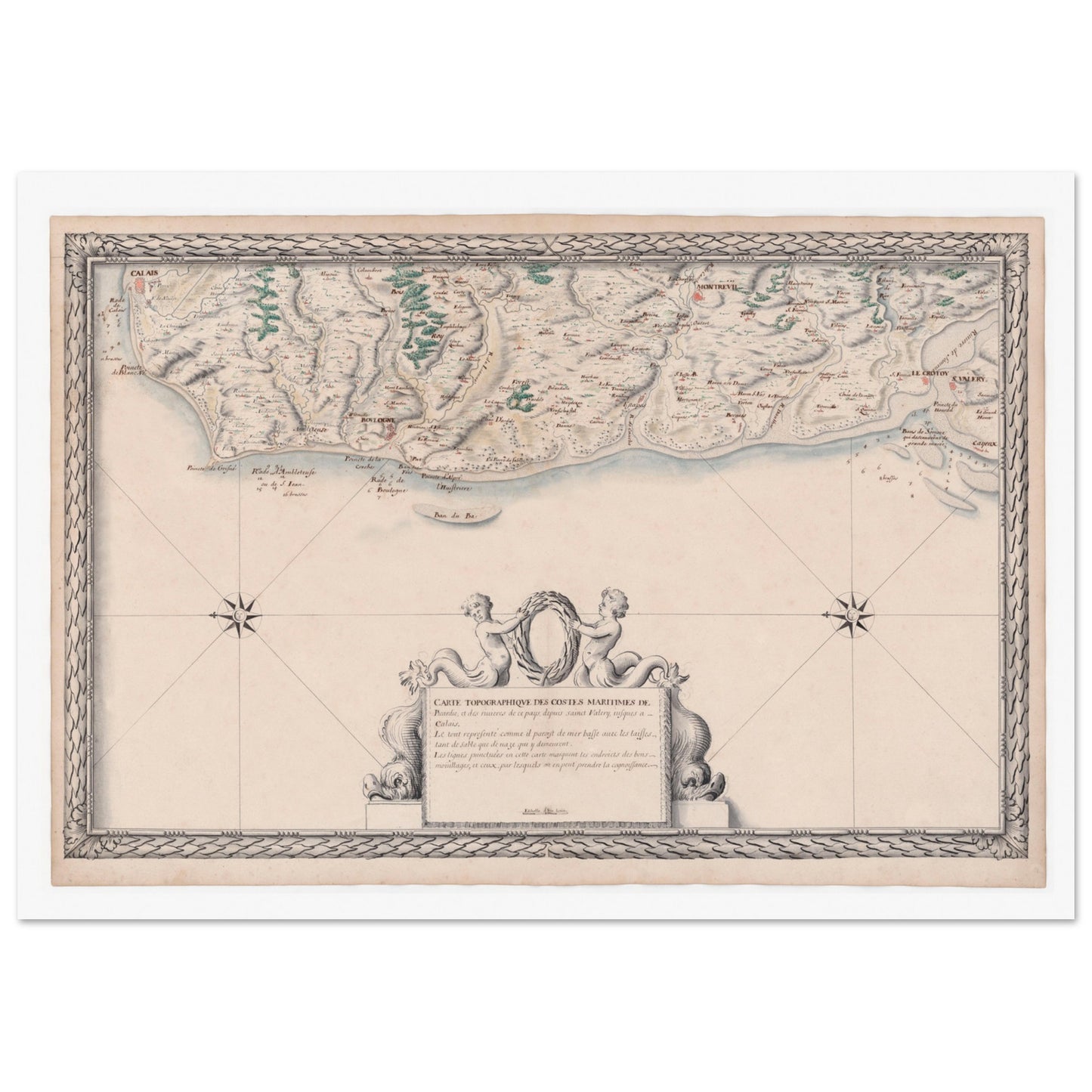 Planche ancienne : Carte maritime de Picardie, de Saint-Valery à Calais. Carte topographique ancienne des côtes maritimes de Picardie et des rivières, de Saint-Valery à Calais, avec un cartouche central et des détails géographiques. Image d'illustration 3