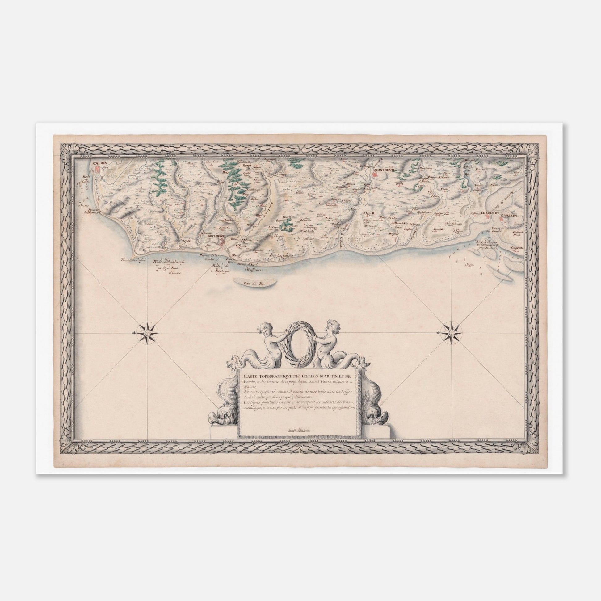 Planche ancienne : Carte maritime de Picardie, de Saint-Valery à Calais (40x60 cm). Carte topographique ancienne des côtes maritimes de Picardie et des rivières, de Saint-Valery à Calais, avec un cartouche central et des détails géographiques.