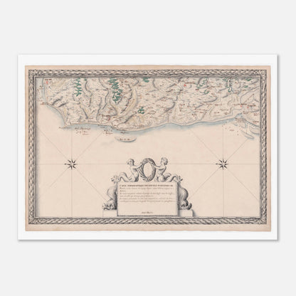 Planche ancienne : Carte maritime de Picardie, de Saint-Valery à Calais (50x70 cm). Carte topographique ancienne des côtes maritimes de Picardie et des rivières, de Saint-Valery à Calais, avec un cartouche central et des détails géographiques.