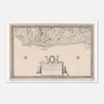 Planche ancienne : Carte maritime de Picardie, de Saint-Valery à Calais (60x90 cm). Carte topographique ancienne des côtes maritimes de Picardie et des rivières, de Saint-Valery à Calais, avec un cartouche central et des détails géographiques.