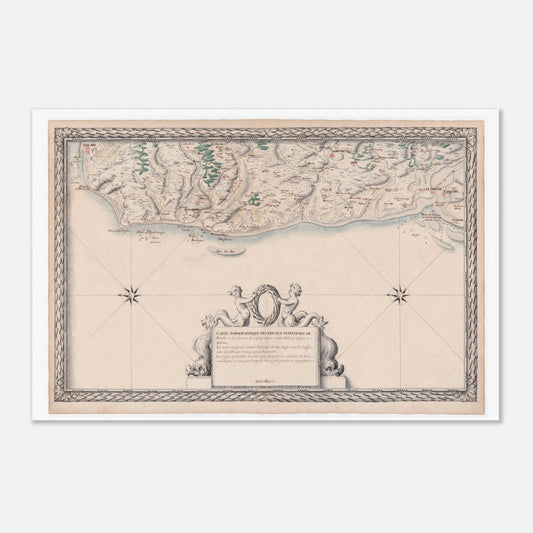 Planche ancienne : Carte maritime de Picardie, de Saint-Valery à Calais (60x90 cm). Carte topographique ancienne des côtes maritimes de Picardie et des rivières, de Saint-Valery à Calais, avec un cartouche central et des détails géographiques.