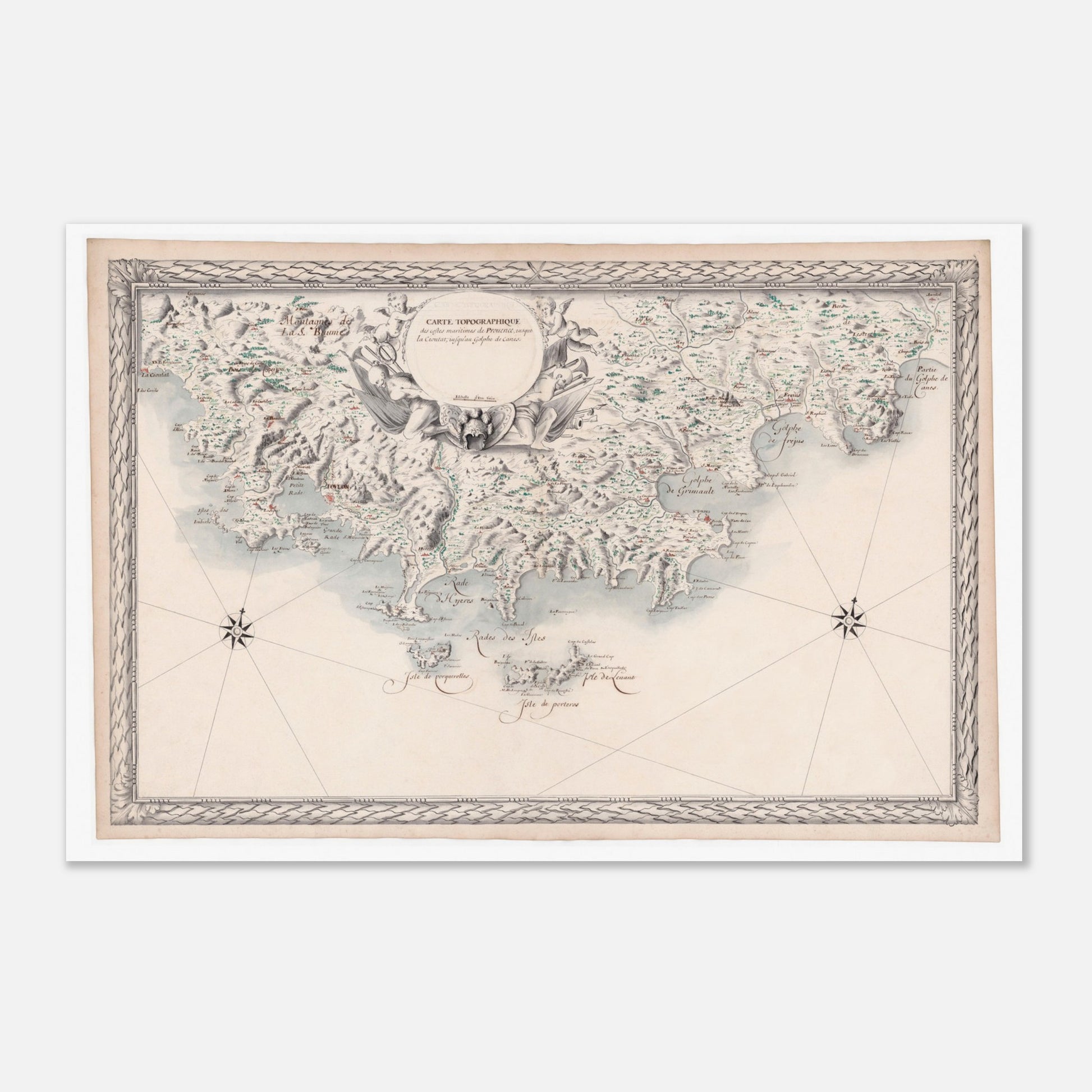 Carte maritime ancienne de Provence : La Ciotat à Cannes (40x60 cm). Carte ancienne des côtes maritimes de Provence, depuis La Ciotat jusqu'au golfe de Cannes, avec des villes, des baies et des îles, encadrée par des ornements et des figures.