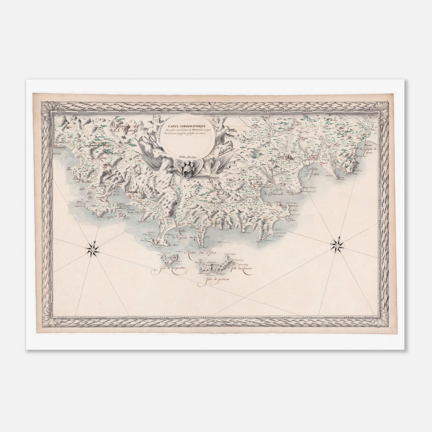 Carte maritime ancienne de Provence : La Ciotat à Cannes (50x70 cm). Carte ancienne des côtes maritimes de Provence, depuis La Ciotat jusqu'au golfe de Cannes, avec des villes, des baies et des îles, encadrée par des ornements et des figures.