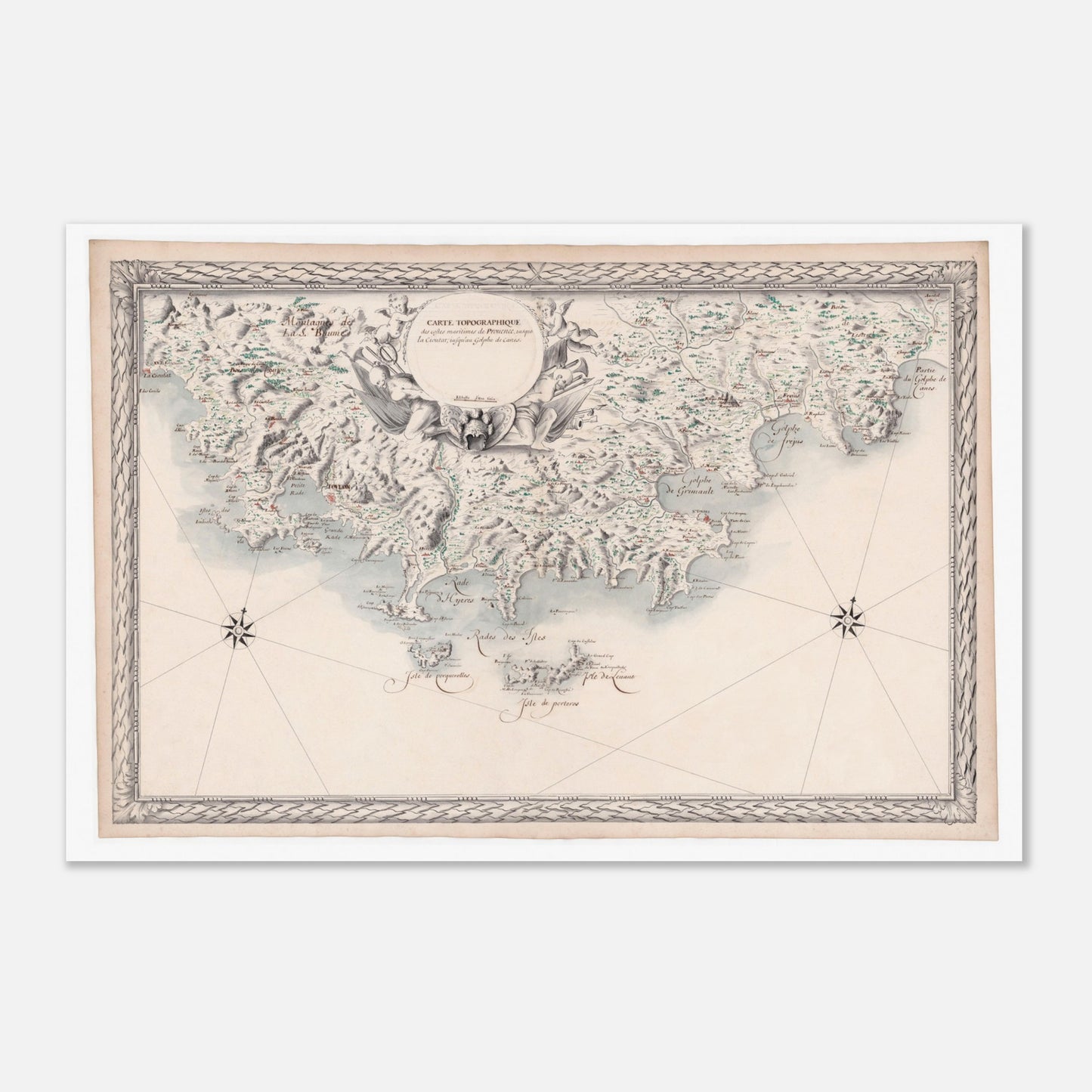 Carte maritime ancienne de Provence : La Ciotat à Cannes (60x90 cm). Carte ancienne des côtes maritimes de Provence, depuis La Ciotat jusqu'au golfe de Cannes, avec des villes, des baies et des îles, encadrée par des ornements et des figures.