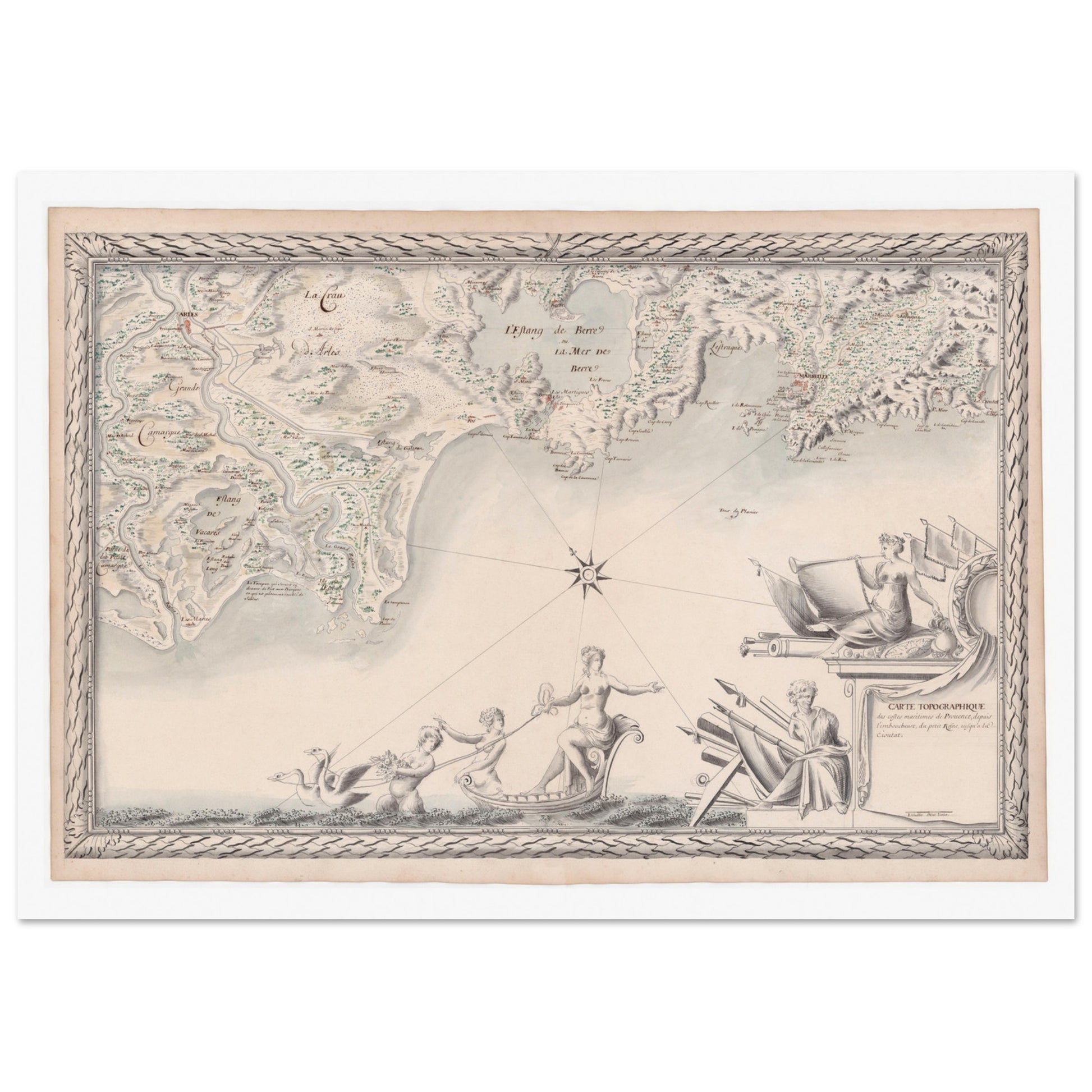 Planche ancienne : Carte maritime de Provence, du Rhône à La Ciotat. Carte topographique de la côte maritime de Provence, depuis le Petit Rhône jusqu'à La Ciotat, avec des plans d'eau, des villes et des reliefs, ornée de figures mythologiques. Image d'illustration 3