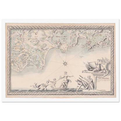 Planche ancienne : Carte maritime de Provence, du Rhône à La Ciotat. Carte topographique de la côte maritime de Provence, depuis le Petit Rhône jusqu'à La Ciotat, avec des plans d'eau, des villes et des reliefs, ornée de figures mythologiques. Image d'illustration 3