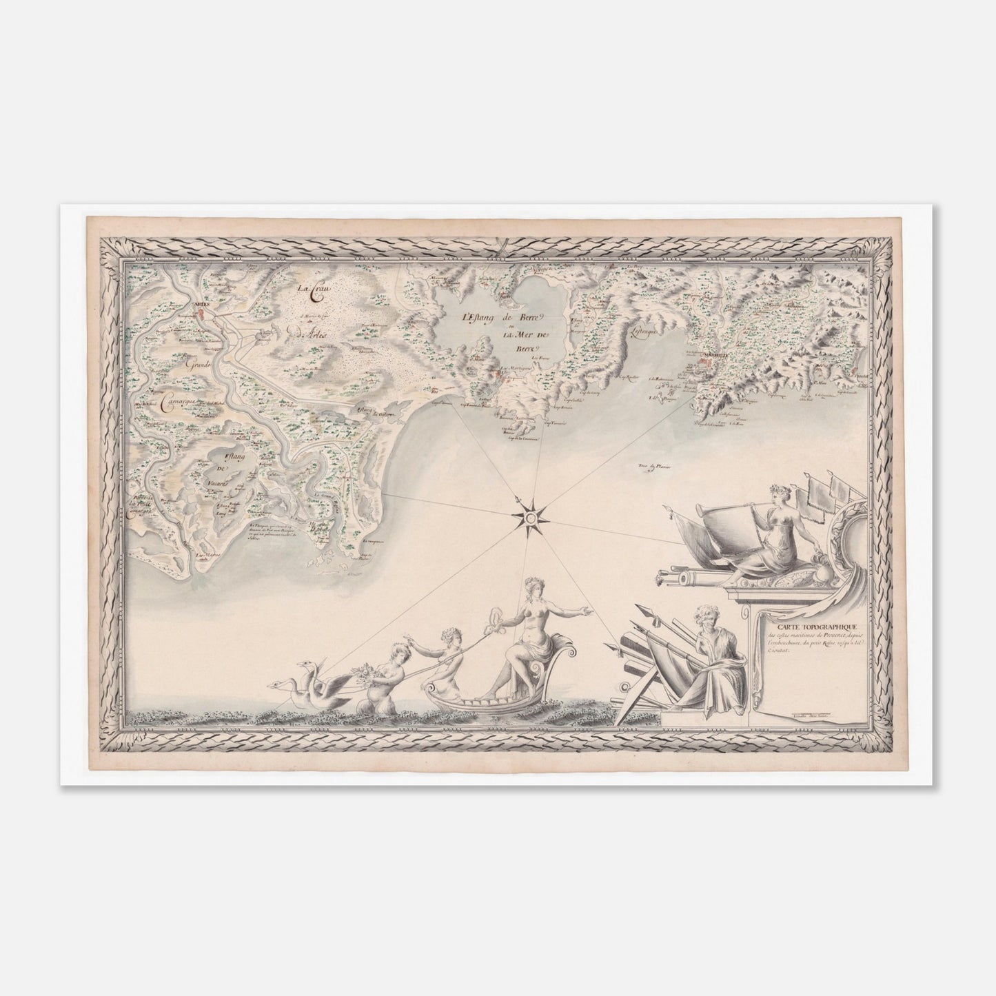 Planche ancienne : Carte maritime de Provence, du Rhône à La Ciotat (40x60 cm). Carte topographique de la côte maritime de Provence, depuis le Petit Rhône jusqu'à La Ciotat, avec des plans d'eau, des villes et des reliefs, ornée de figures mythologiques.