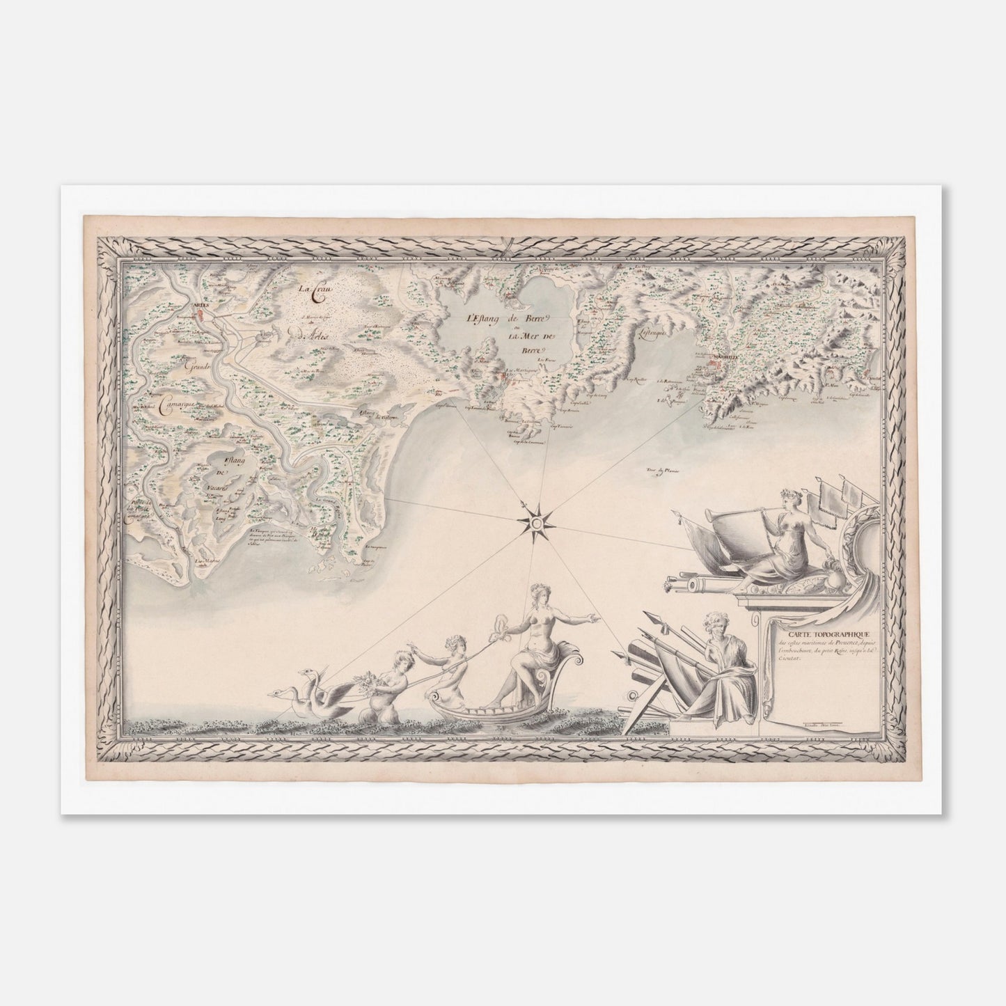 Planche ancienne : Carte maritime de Provence, du Rhône à La Ciotat (50x70 cm). Carte topographique de la côte maritime de Provence, depuis le Petit Rhône jusqu'à La Ciotat, avec des plans d'eau, des villes et des reliefs, ornée de figures mythologiques.