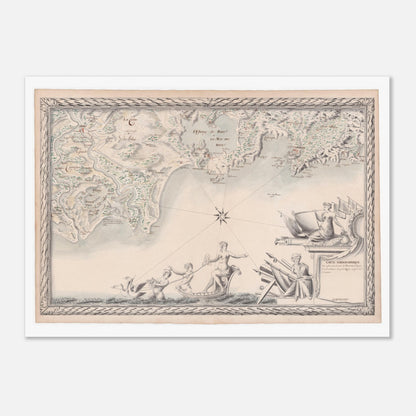 Planche ancienne : Carte maritime de Provence, du Rhône à La Ciotat (50x70 cm). Carte topographique de la côte maritime de Provence, depuis le Petit Rhône jusqu'à La Ciotat, avec des plans d'eau, des villes et des reliefs, ornée de figures mythologiques.