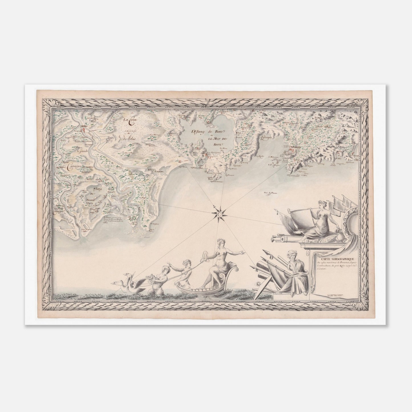 Planche ancienne : Carte maritime de Provence, du Rhône à La Ciotat (60x90 cm). Carte topographique de la côte maritime de Provence, depuis le Petit Rhône jusqu'à La Ciotat, avec des plans d'eau, des villes et des reliefs, ornée de figures mythologiques.