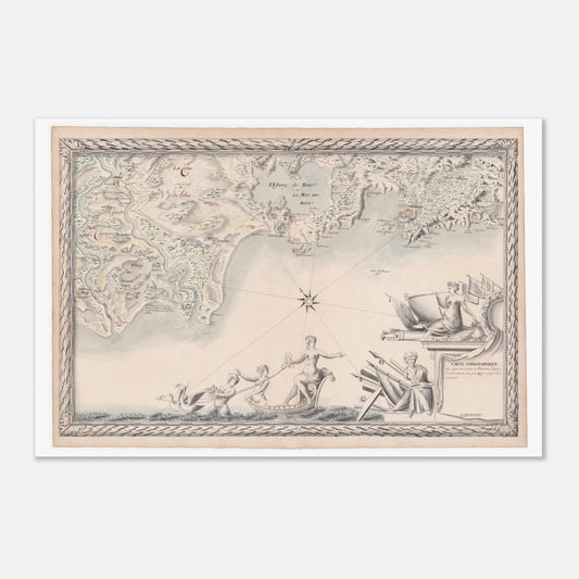 Planche ancienne : Carte maritime de Provence, du Rhône à La Ciotat (60x90 cm). Carte topographique de la côte maritime de Provence, depuis le Petit Rhône jusqu'à La Ciotat, avec des plans d'eau, des villes et des reliefs, ornée de figures mythologiques.