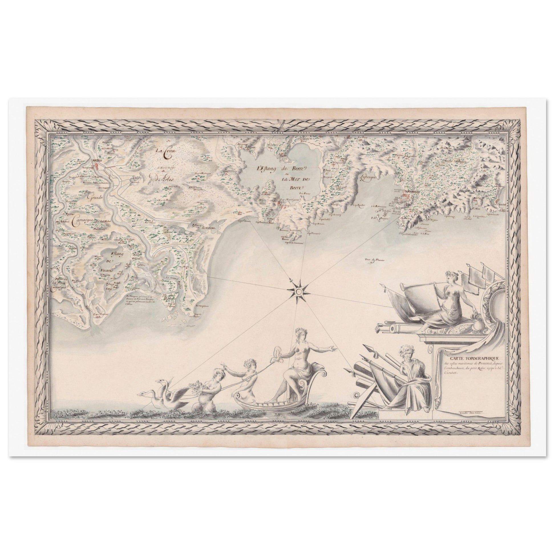 Planche ancienne : Carte maritime de Provence, du Rhône à La Ciotat. Carte topographique de la côte maritime de Provence, depuis le Petit Rhône jusqu'à La Ciotat, avec des plans d'eau, des villes et des reliefs, ornée de figures mythologiques. Image d'illustration 7
