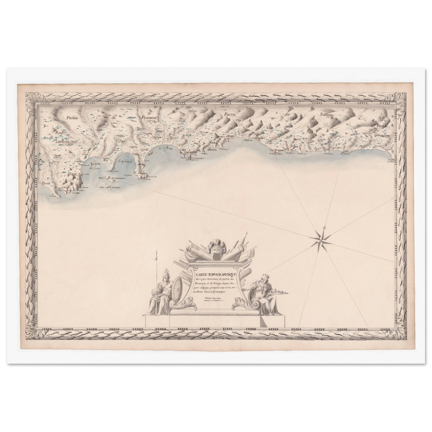 Planche ancienne : Carte maritime de Provence et Savoie, d'Agay au cap de Cerve. Carte topographique ancienne de la côte maritime de Provence et de Savoie, du port d'Agay au cap de Cerve, ornée d'une rose des vents, de figures allégoriques et de détails côtiers. Image d'illustration 3