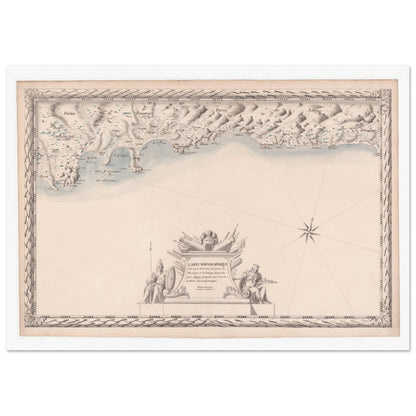 Planche ancienne : Carte maritime de Provence et Savoie, d'Agay au cap de Cerve. Carte topographique ancienne de la côte maritime de Provence et de Savoie, du port d'Agay au cap de Cerve, ornée d'une rose des vents, de figures allégoriques et de détails côtiers. Image d'illustration 3