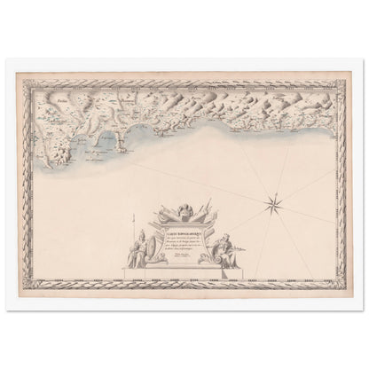 Planche ancienne : Carte maritime de Provence et Savoie, d'Agay au cap de Cerve. Carte topographique ancienne de la côte maritime de Provence et de Savoie, du port d'Agay au cap de Cerve, ornée d'une rose des vents, de figures allégoriques et de détails côtiers. Image d'illustration 4