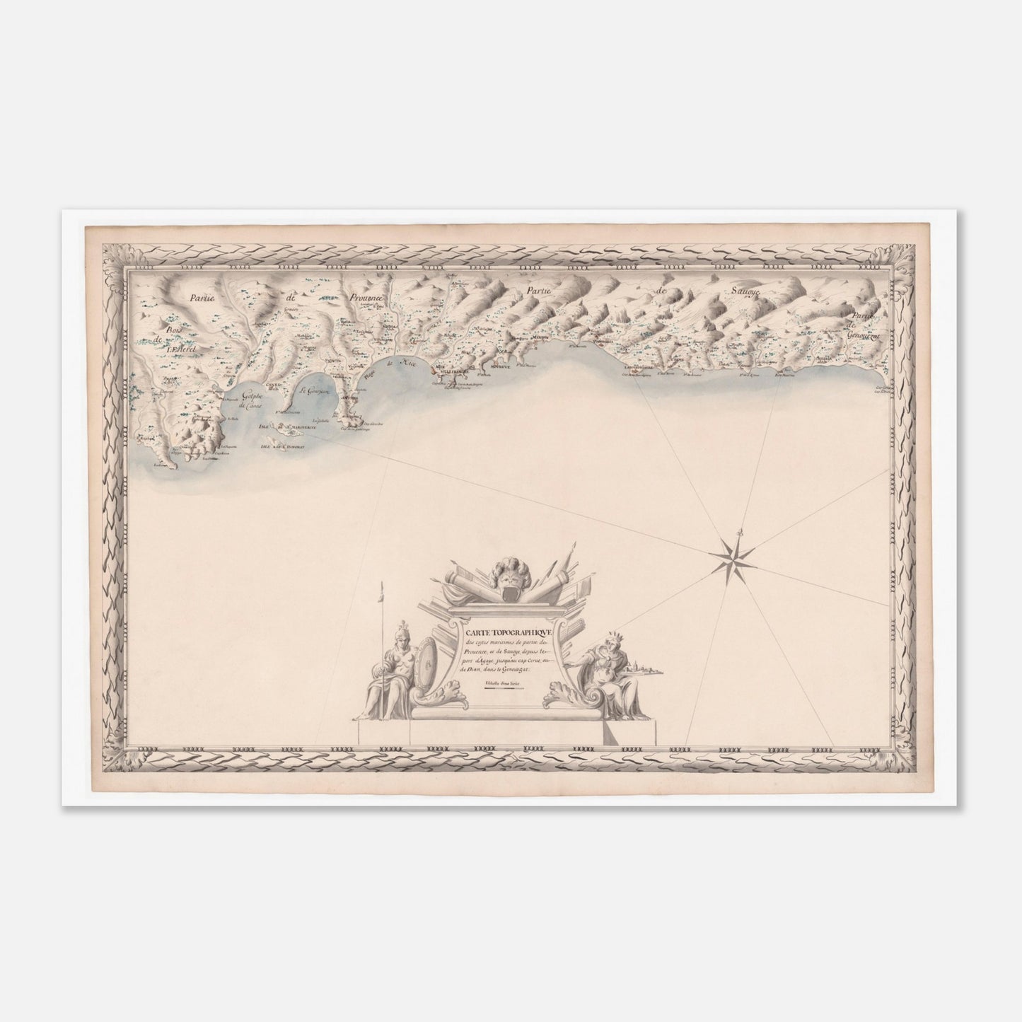 Planche ancienne : Carte maritime de Provence et Savoie, d'Agay au cap de Cerve (40x60 cm). Carte topographique ancienne de la côte maritime de Provence et de Savoie, du port d'Agay au cap de Cerve, ornée d'une rose des vents, de figures allégoriques et de détails côtiers.