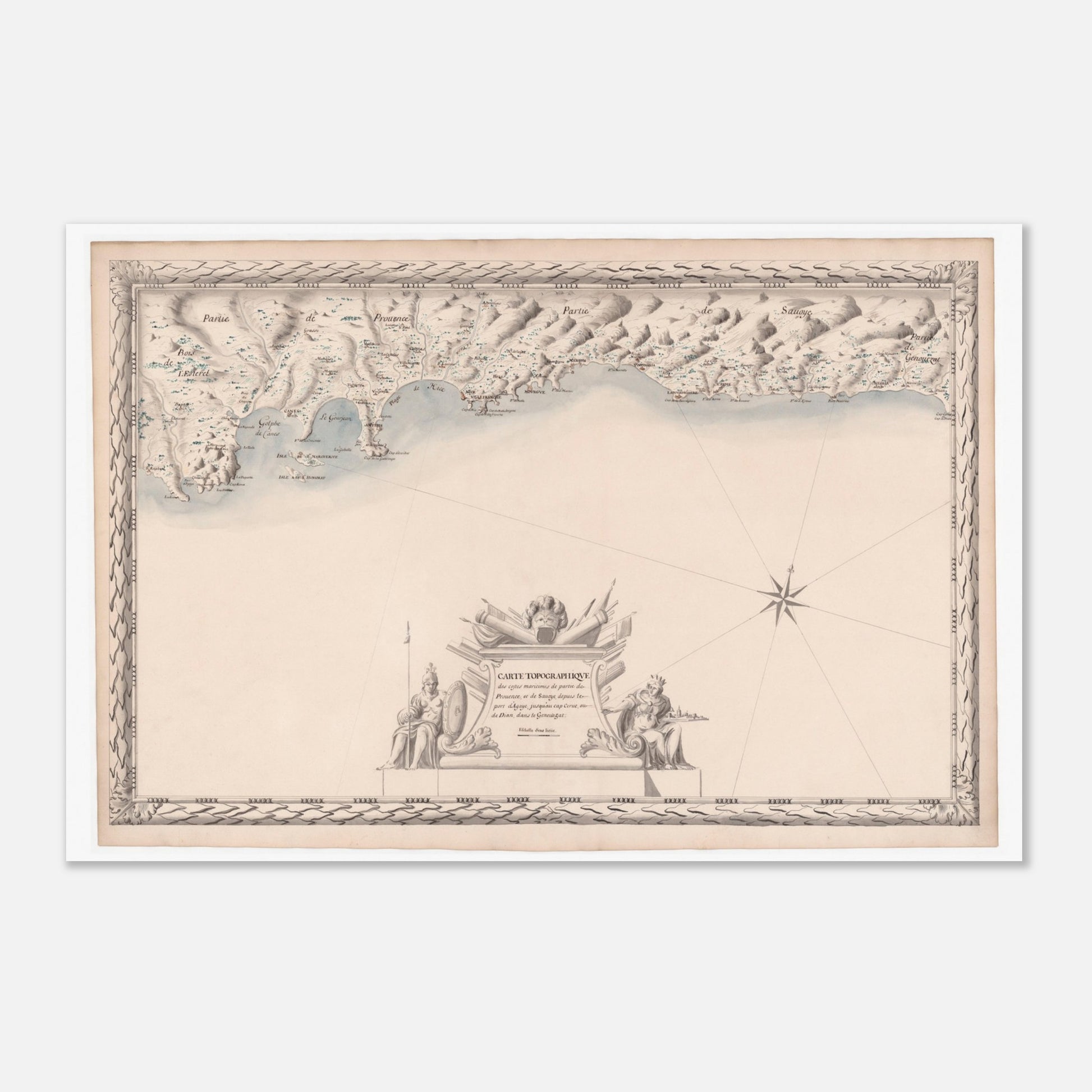 Planche ancienne : Carte maritime de Provence et Savoie, d'Agay au cap de Cerve (40x60 cm). Carte topographique ancienne de la côte maritime de Provence et de Savoie, du port d'Agay au cap de Cerve, ornée d'une rose des vents, de figures allégoriques et de détails côtiers.