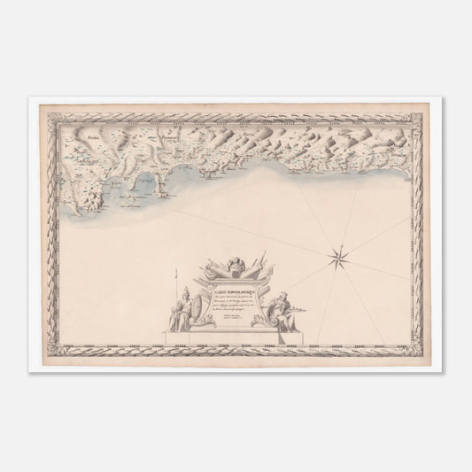 Planche ancienne : Carte maritime de Provence et Savoie, d'Agay au cap de Cerve (40x60 cm). Carte topographique ancienne de la côte maritime de Provence et de Savoie, du port d'Agay au cap de Cerve, ornée d'une rose des vents, de figures allégoriques et de détails côtiers.