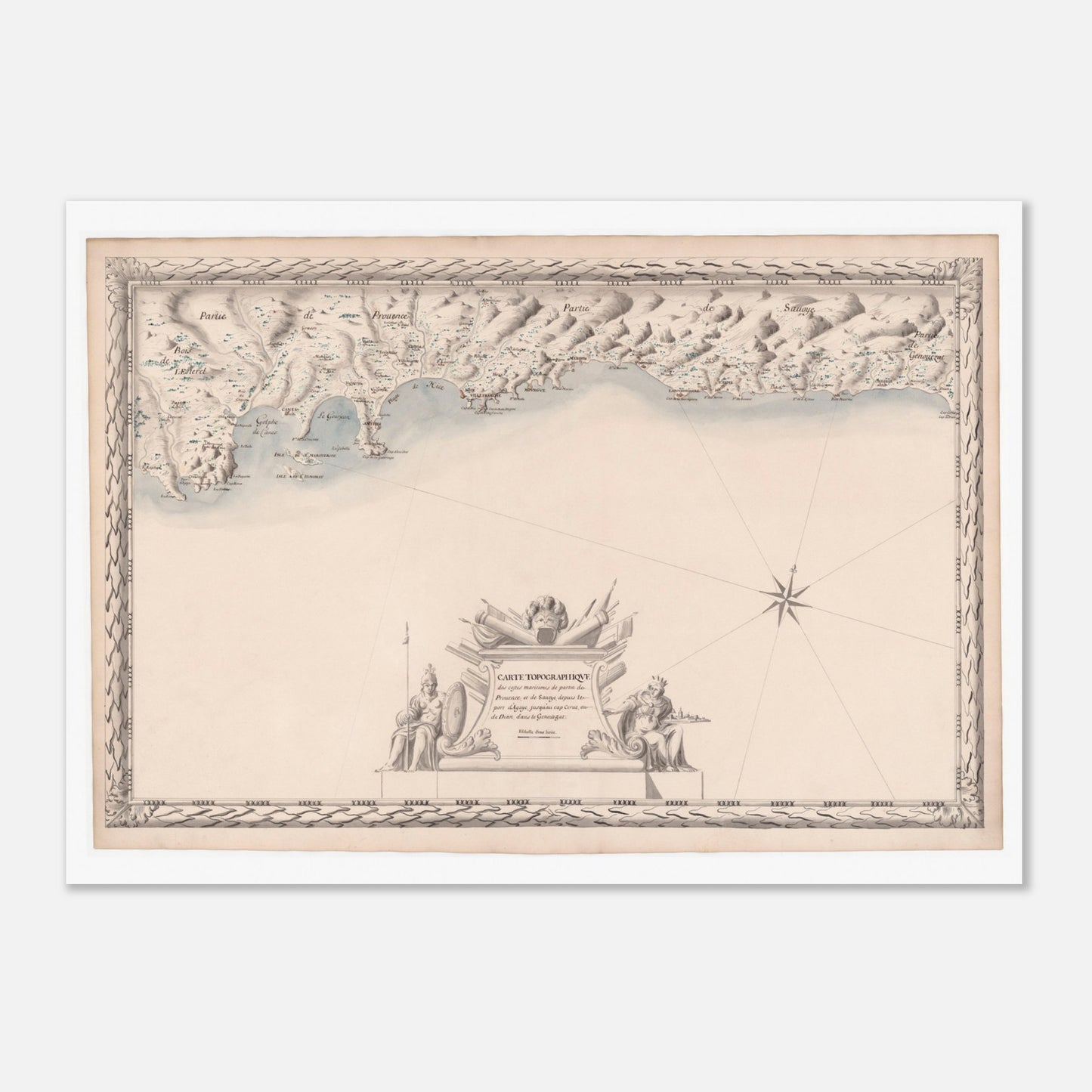 Planche ancienne : Carte maritime de Provence et Savoie, d'Agay au cap de Cerve (50x70 cm). Carte topographique ancienne de la côte maritime de Provence et de Savoie, du port d'Agay au cap de Cerve, ornée d'une rose des vents, de figures allégoriques et de détails côtiers.