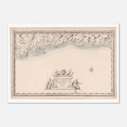 Planche ancienne : Carte maritime de Provence et Savoie, d'Agay au cap de Cerve (50x70 cm). Carte topographique ancienne de la côte maritime de Provence et de Savoie, du port d'Agay au cap de Cerve, ornée d'une rose des vents, de figures allégoriques et de détails côtiers.