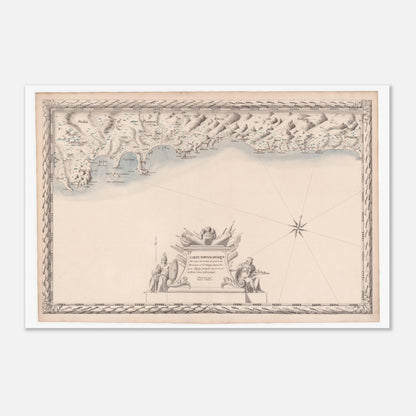 Planche ancienne : Carte maritime de Provence et Savoie, d'Agay au cap de Cerve (60x90 cm). Carte topographique ancienne de la côte maritime de Provence et de Savoie, du port d'Agay au cap de Cerve, ornée d'une rose des vents, de figures allégoriques et de détails côtiers.