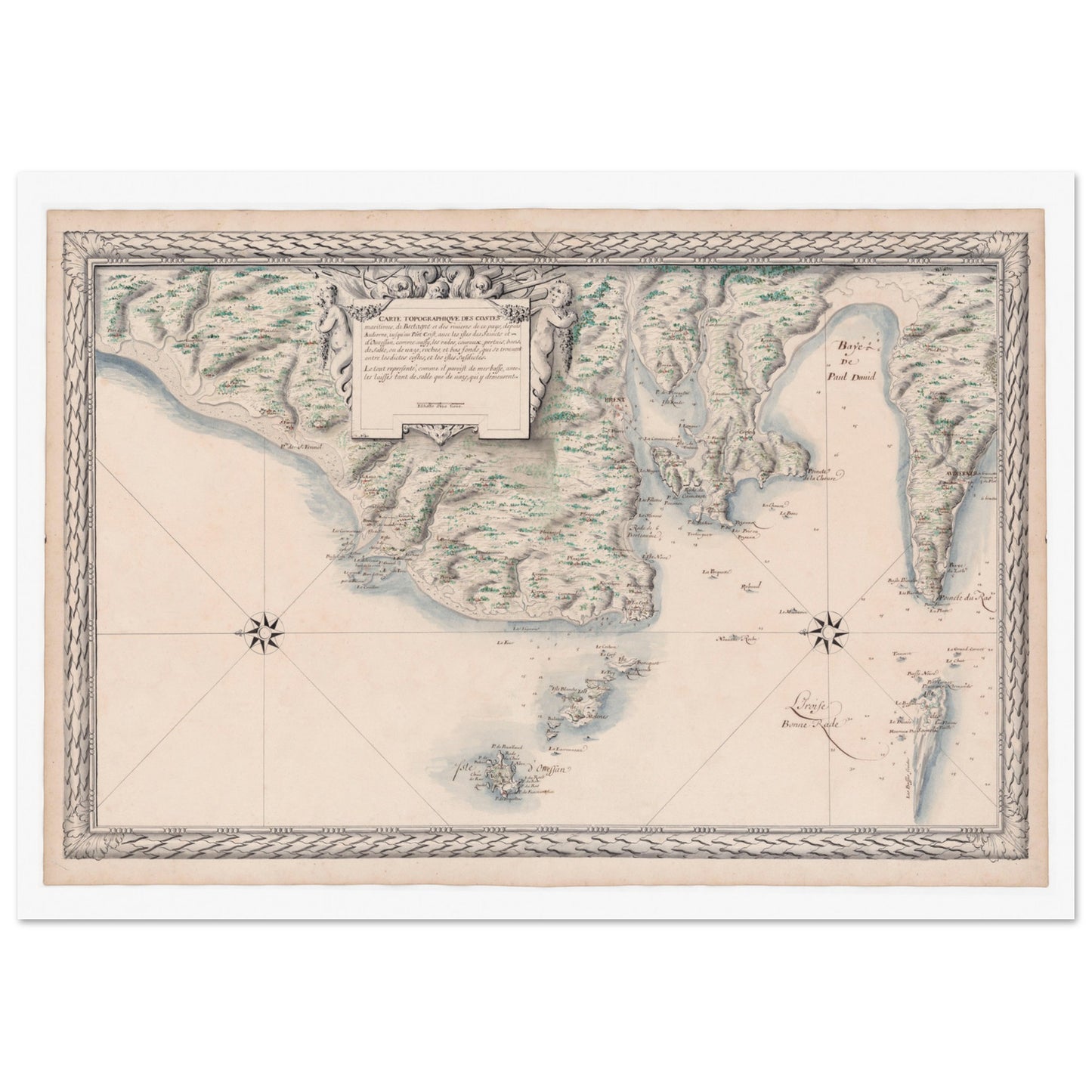 Carte ancienne des côtes de Bretagne : d'Audierne à Ouessant. Carte ancienne des côtes maritimes de Bretagne, de Audierne à Port Crist, incluant les îles des Saints et d’Ouessant, avec une rose des vents et des allégories. Image d'illustration 3