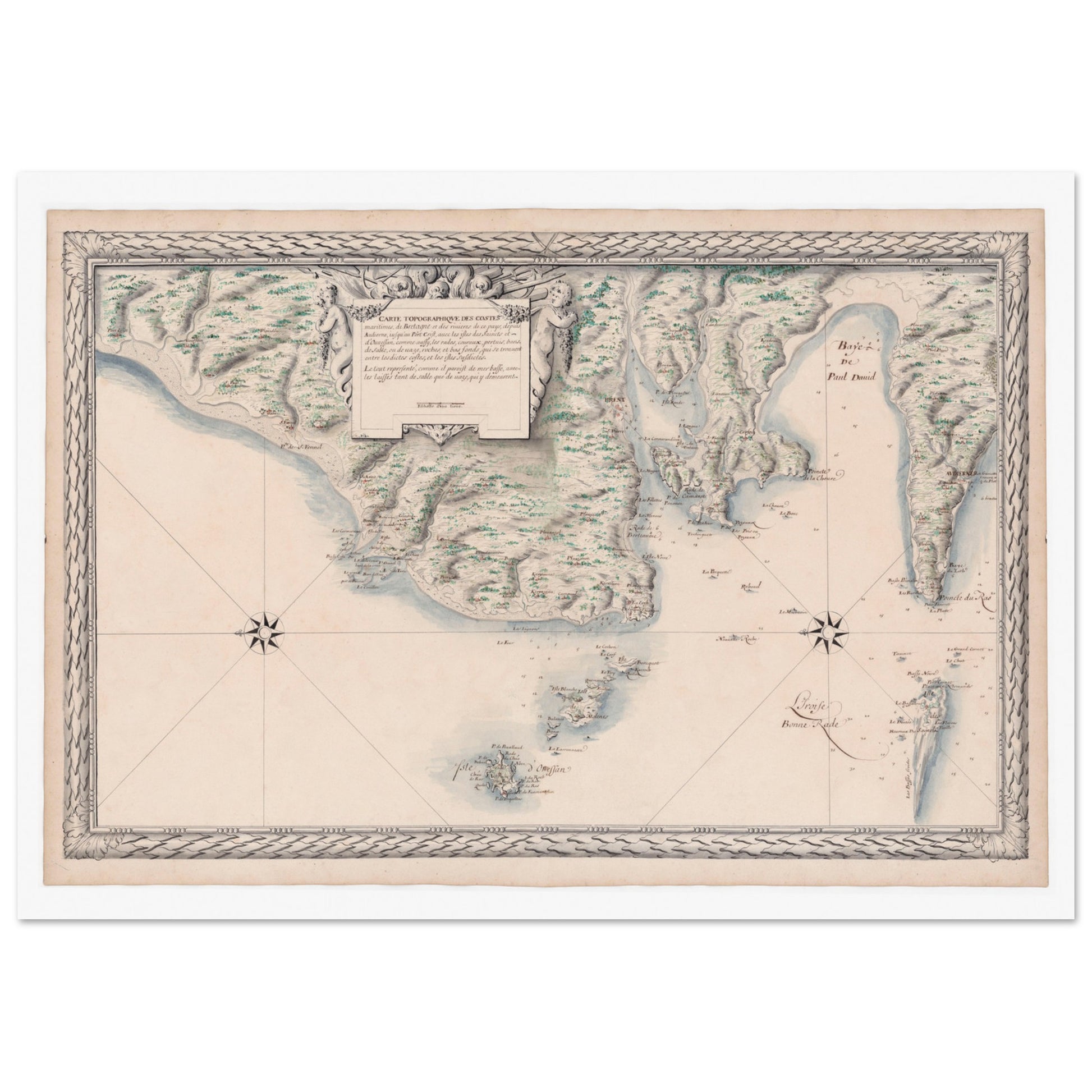 Carte ancienne des côtes de Bretagne : d'Audierne à Ouessant. Carte ancienne des côtes maritimes de Bretagne, de Audierne à Port Crist, incluant les îles des Saints et d’Ouessant, avec une rose des vents et des allégories. Image d'illustration 3