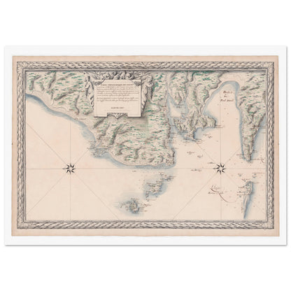 Carte ancienne des côtes de Bretagne : d'Audierne à Ouessant. Carte ancienne des côtes maritimes de Bretagne, de Audierne à Port Crist, incluant les îles des Saints et d’Ouessant, avec une rose des vents et des allégories. Image d'illustration 3
