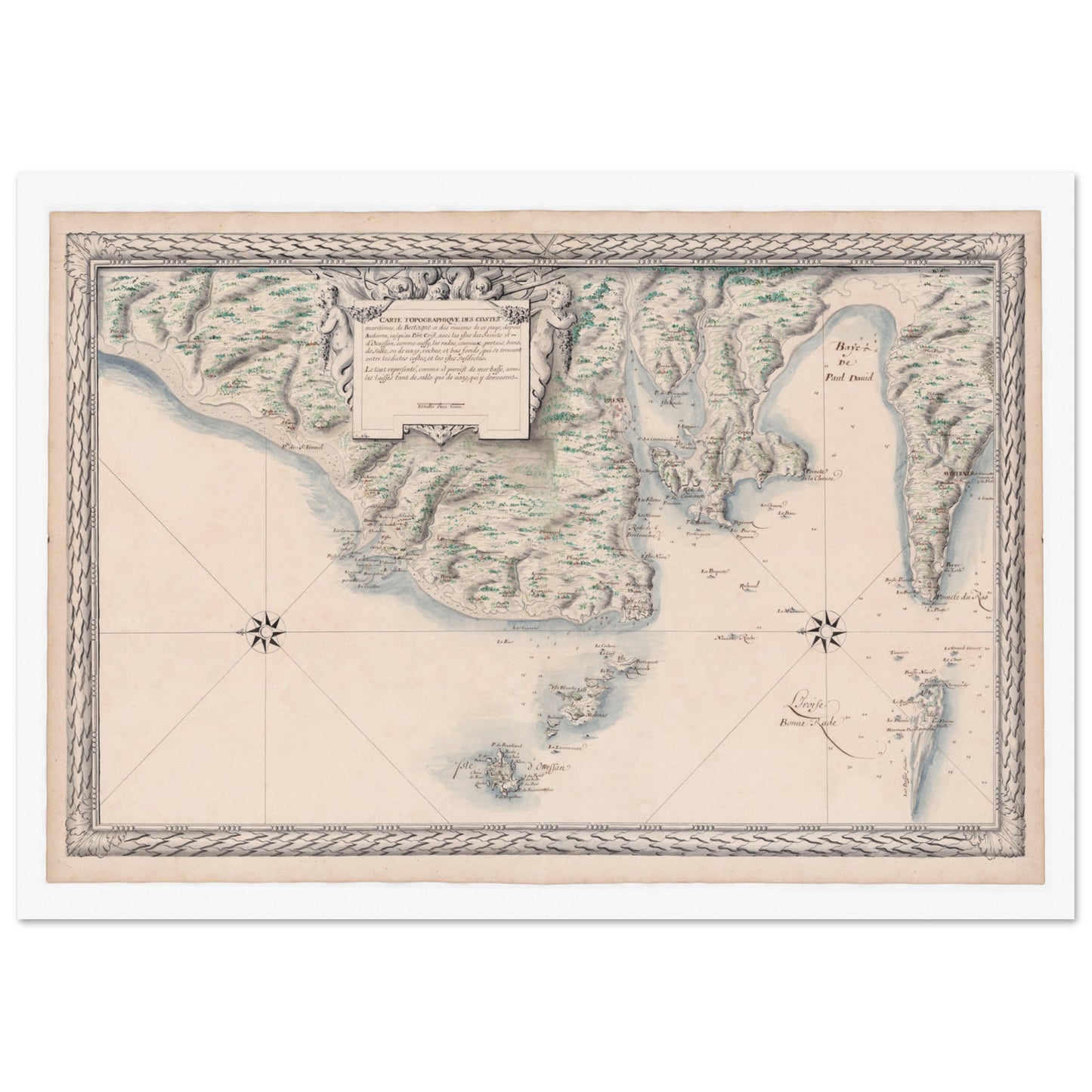 Carte ancienne des côtes de Bretagne : d'Audierne à Ouessant. Carte ancienne des côtes maritimes de Bretagne, de Audierne à Port Crist, incluant les îles des Saints et d’Ouessant, avec une rose des vents et des allégories. Image d'illustration 4