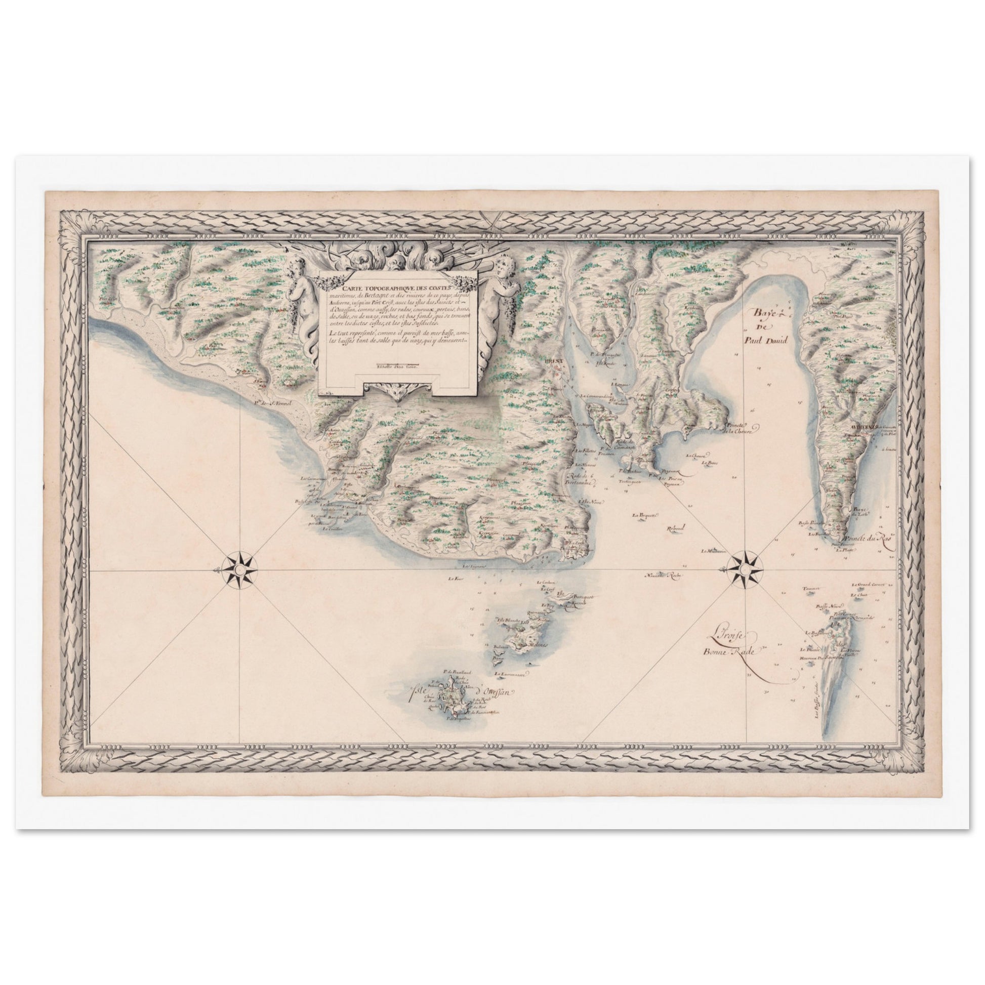 Carte ancienne des côtes de Bretagne : d'Audierne à Ouessant. Carte ancienne des côtes maritimes de Bretagne, de Audierne à Port Crist, incluant les îles des Saints et d’Ouessant, avec une rose des vents et des allégories. Image d'illustration 4