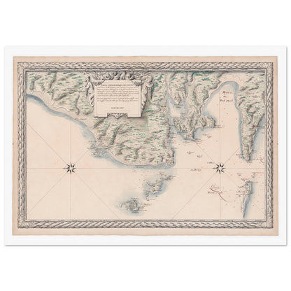 Carte ancienne des côtes de Bretagne : d'Audierne à Ouessant. Carte ancienne des côtes maritimes de Bretagne, de Audierne à Port Crist, incluant les îles des Saints et d’Ouessant, avec une rose des vents et des allégories. Image d'illustration 4