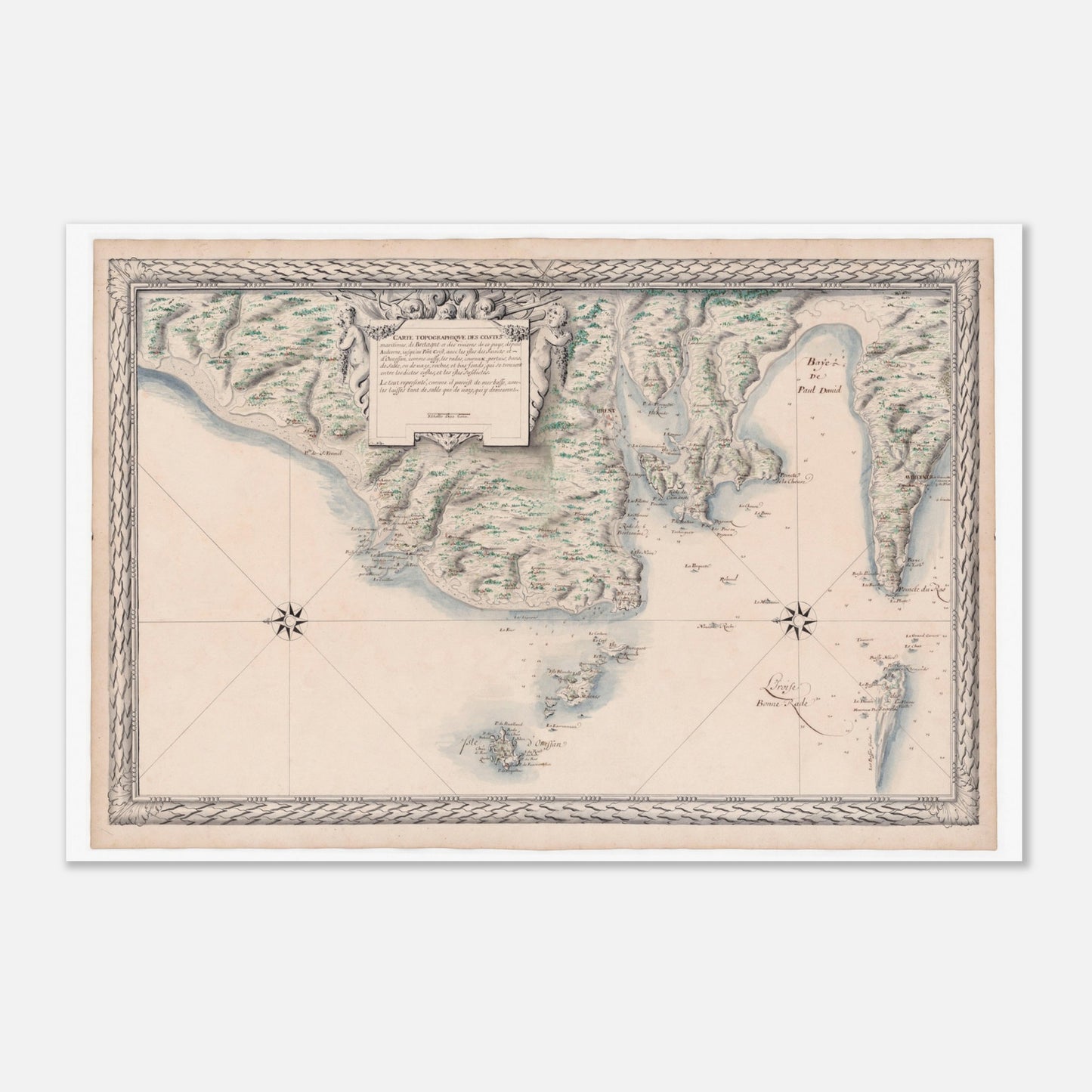 Carte ancienne des côtes de Bretagne : d'Audierne à Ouessant (40x60 cm). Carte ancienne des côtes maritimes de Bretagne, de Audierne à Port Crist, incluant les îles des Saints et d’Ouessant, avec une rose des vents et des allégories.
