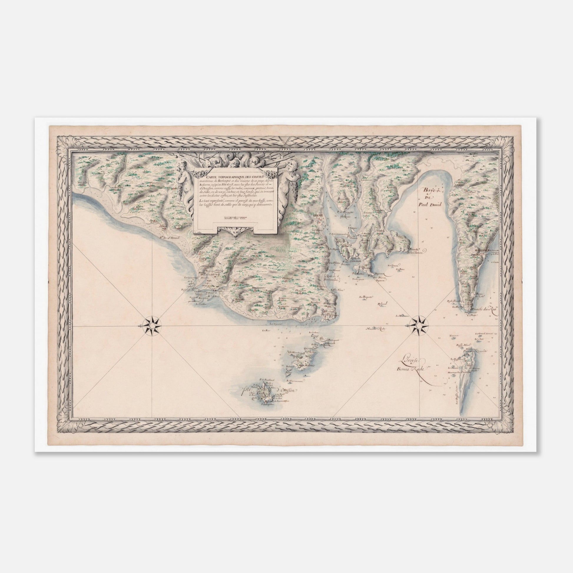 Carte ancienne des côtes de Bretagne : d'Audierne à Ouessant (40x60 cm). Carte ancienne des côtes maritimes de Bretagne, de Audierne à Port Crist, incluant les îles des Saints et d’Ouessant, avec une rose des vents et des allégories.