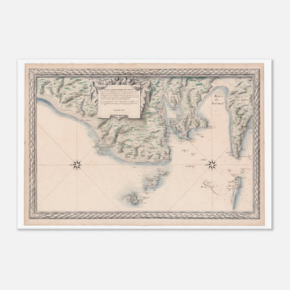Carte ancienne des côtes de Bretagne : d'Audierne à Ouessant (40x60 cm). Carte ancienne des côtes maritimes de Bretagne, de Audierne à Port Crist, incluant les îles des Saints et d’Ouessant, avec une rose des vents et des allégories.