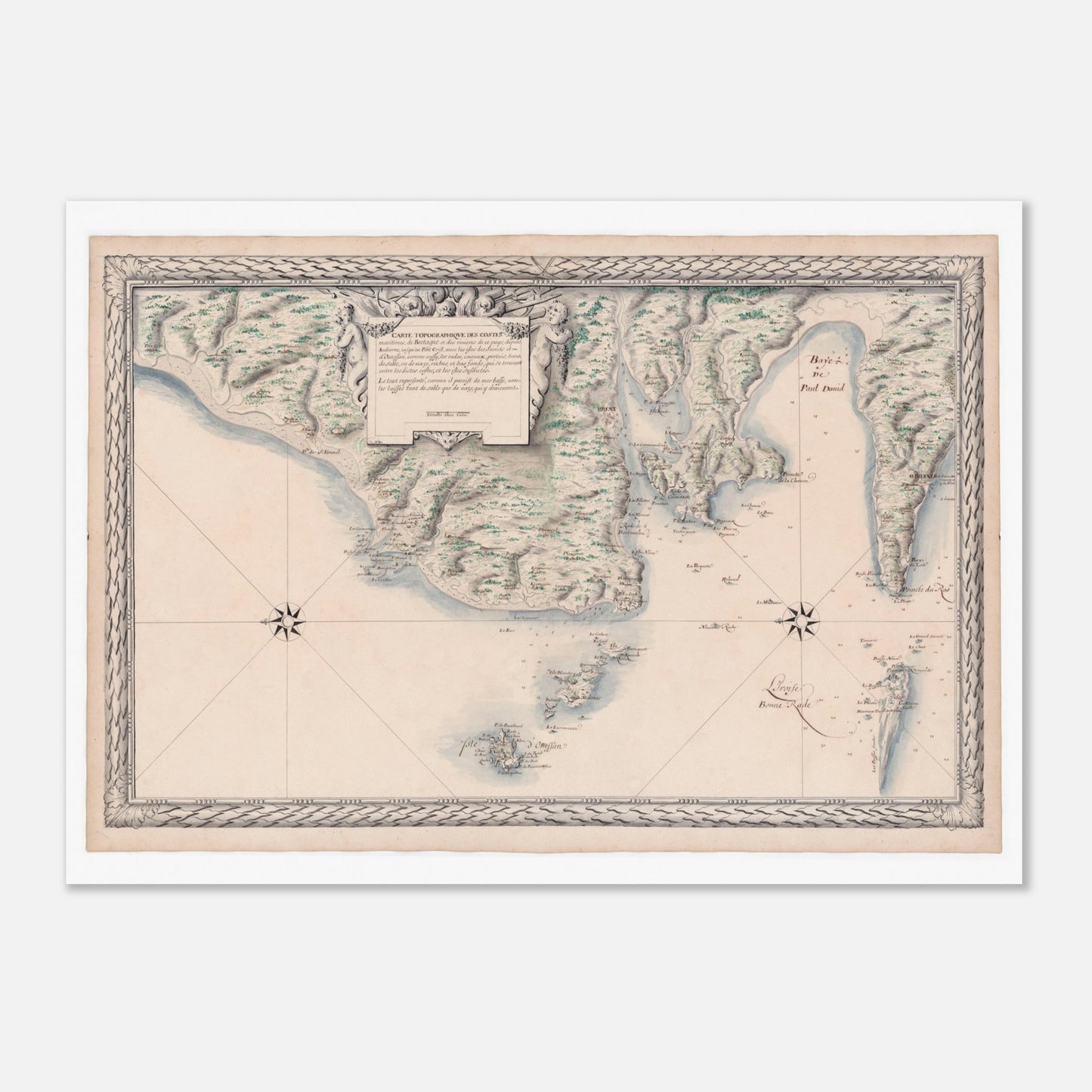 Carte ancienne des côtes de Bretagne : d'Audierne à Ouessant (50x70 cm). Carte ancienne des côtes maritimes de Bretagne, de Audierne à Port Crist, incluant les îles des Saints et d’Ouessant, avec une rose des vents et des allégories.