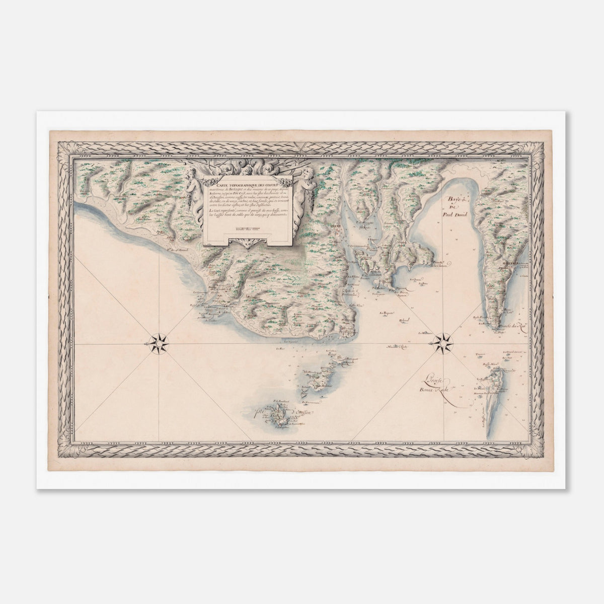 Alte Karte der bretonischen Küste: von Audierne bis Ouessant (50x70 cm). Alte Karte der Seeküsten der Bretagne von Audierne bis Port Crist, einschließlich der Inseln Les Saintes und Ouessant, mit einer Windrose und Allegorien.
