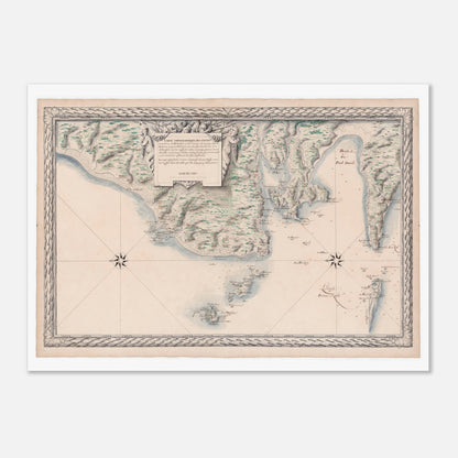 Carte ancienne des côtes de Bretagne : d'Audierne à Ouessant (50x70 cm). Carte ancienne des côtes maritimes de Bretagne, de Audierne à Port Crist, incluant les îles des Saints et d’Ouessant, avec une rose des vents et des allégories.
