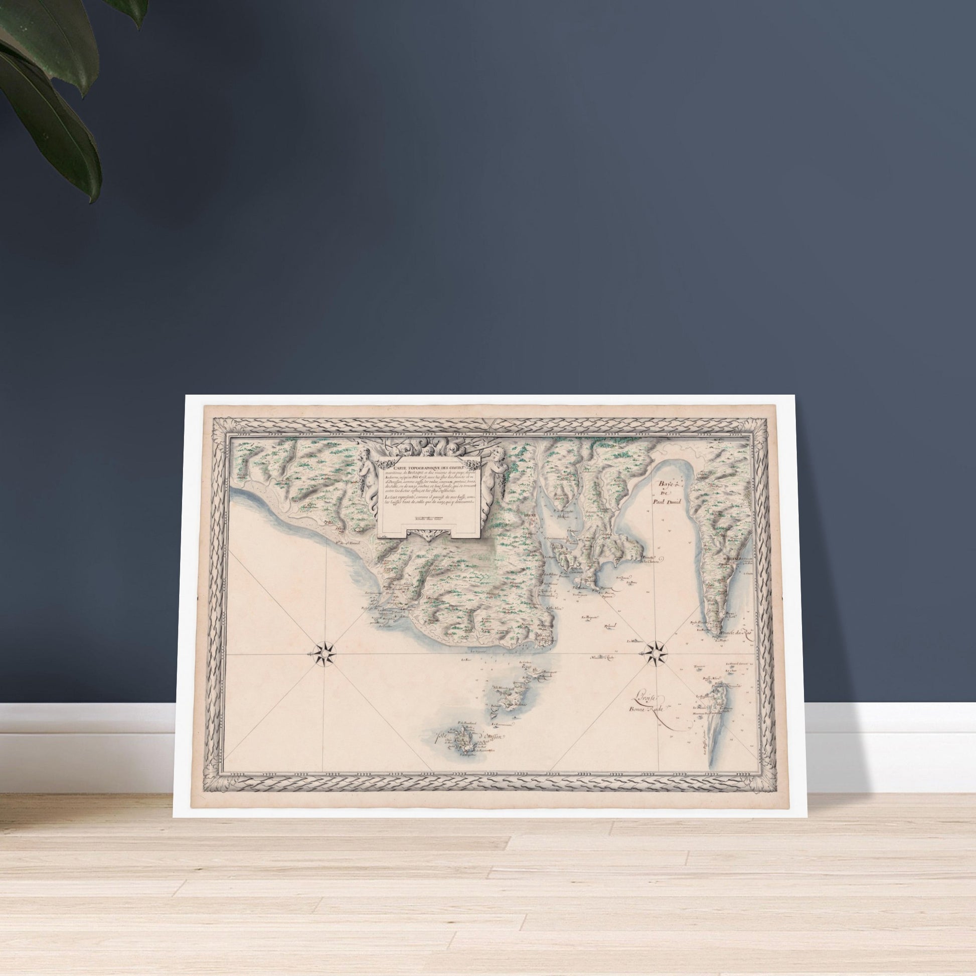 Carte ancienne des côtes de Bretagne : d'Audierne à Ouessant. Carte ancienne des côtes maritimes de Bretagne, de Audierne à Port Crist, incluant les îles des Saints et d’Ouessant, avec une rose des vents et des allégories. Image d'illustration 6