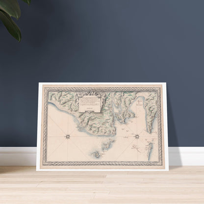 Carte ancienne des côtes de Bretagne : d'Audierne à Ouessant. Carte ancienne des côtes maritimes de Bretagne, de Audierne à Port Crist, incluant les îles des Saints et d’Ouessant, avec une rose des vents et des allégories. Image d'illustration 6