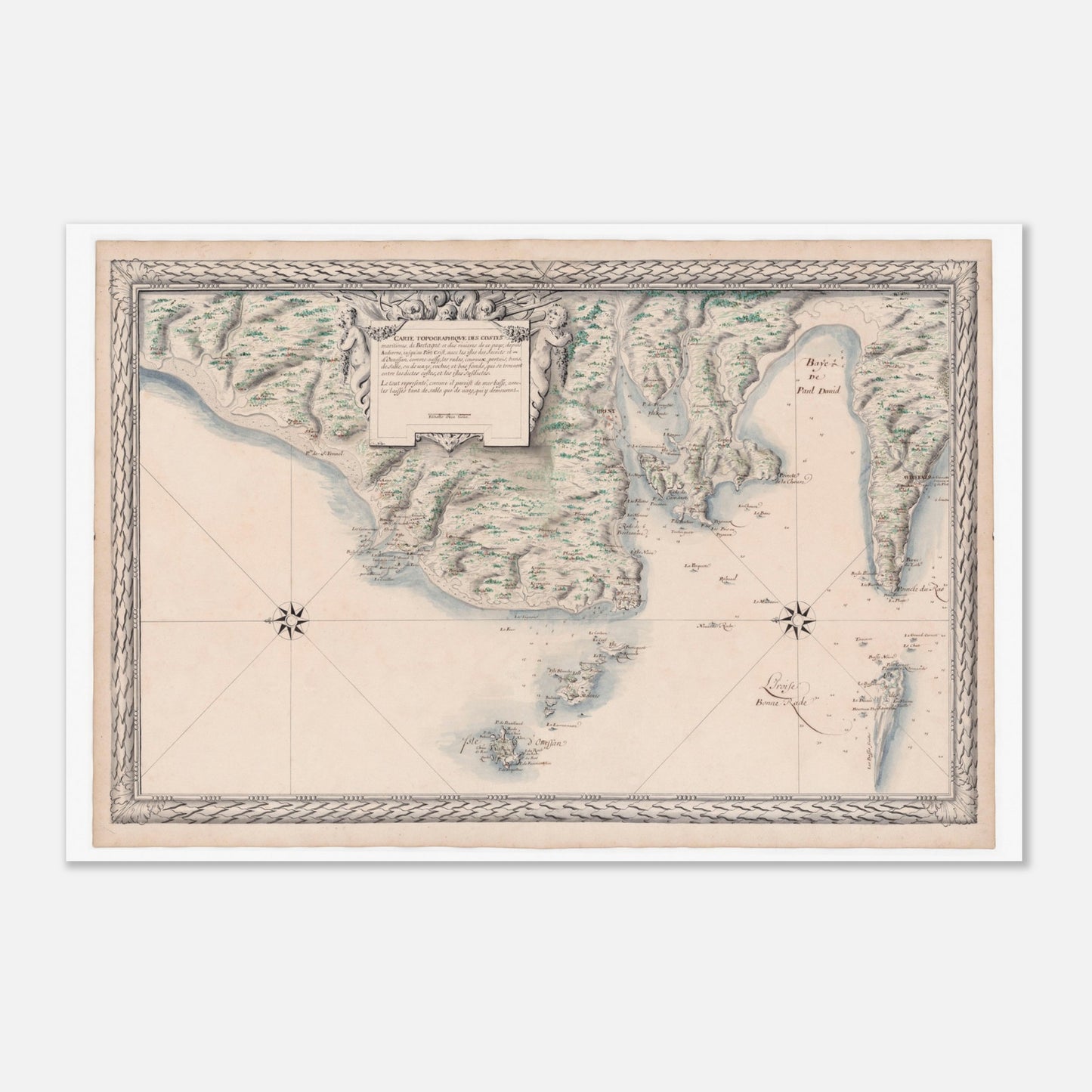 Carte ancienne des côtes de Bretagne : d'Audierne à Ouessant (60x90 cm). Carte ancienne des côtes maritimes de Bretagne, de Audierne à Port Crist, incluant les îles des Saints et d’Ouessant, avec une rose des vents et des allégories.