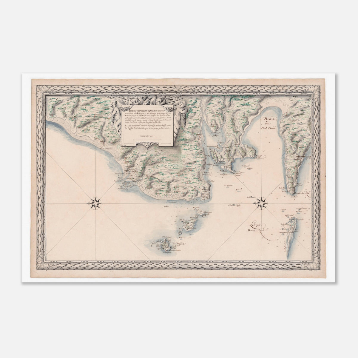 Alte Karte der bretonischen Küste: von Audierne bis Ouessant (60x90 cm). Alte Karte der Seeküsten der Bretagne von Audierne bis Port Crist, einschließlich der Inseln Les Saintes und Ouessant, mit einer Windrose und Allegorien.