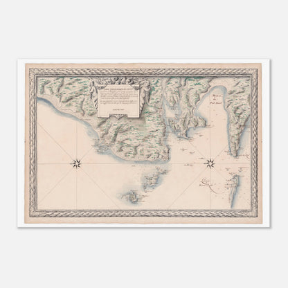 Carte ancienne des côtes de Bretagne : d'Audierne à Ouessant (60x90 cm). Carte ancienne des côtes maritimes de Bretagne, de Audierne à Port Crist, incluant les îles des Saints et d’Ouessant, avec une rose des vents et des allégories.