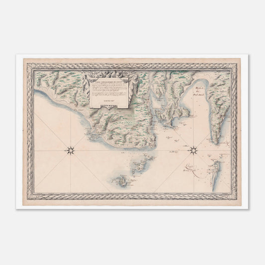 Carte ancienne des côtes de Bretagne : d'Audierne à Ouessant (60x90 cm). Carte ancienne des côtes maritimes de Bretagne, de Audierne à Port Crist, incluant les îles des Saints et d’Ouessant, avec une rose des vents et des allégories.