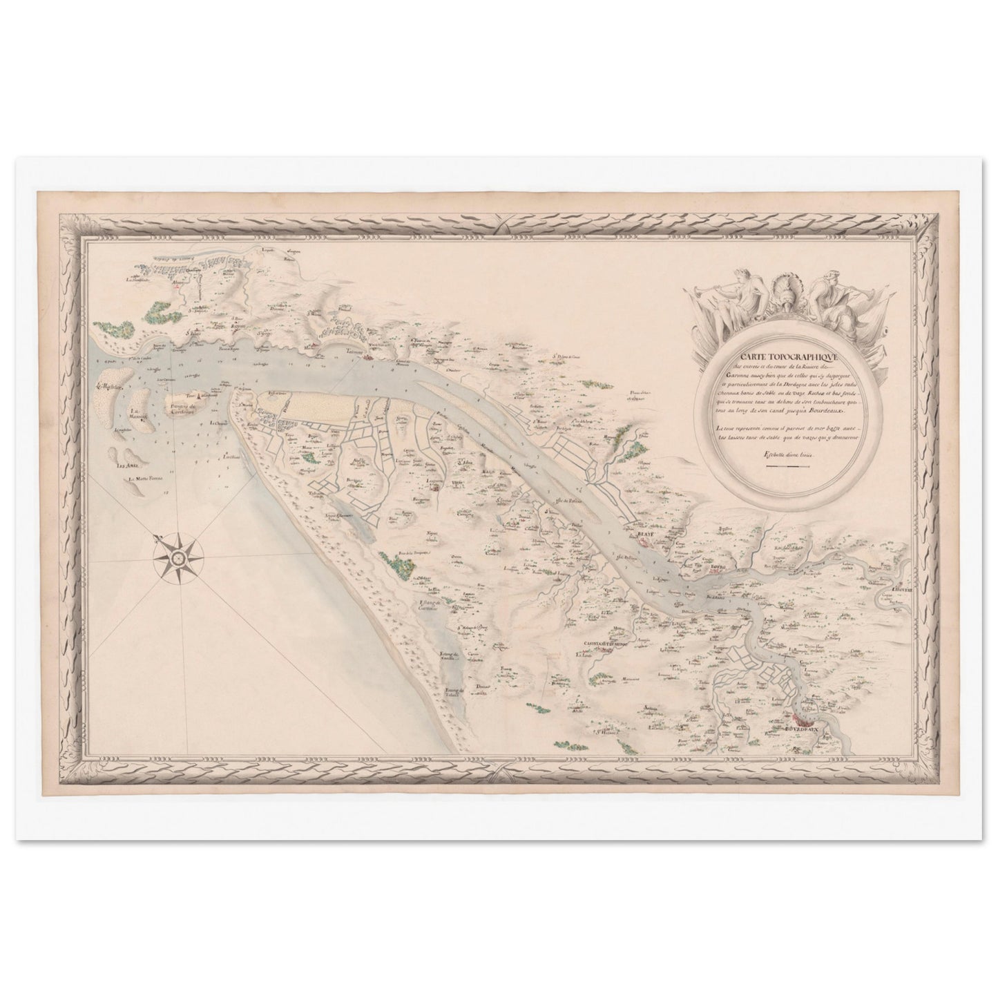 Planche ancienne : Carte de la Garonne et de la Dordogne vers Bordeaux. Carte topographique de la Garonne et de la Dordogne jusqu'à Bordeaux, montrant le fleuve, ses affluents, les villes et les terres, avec une vignette décorative. Image d'illustration 3