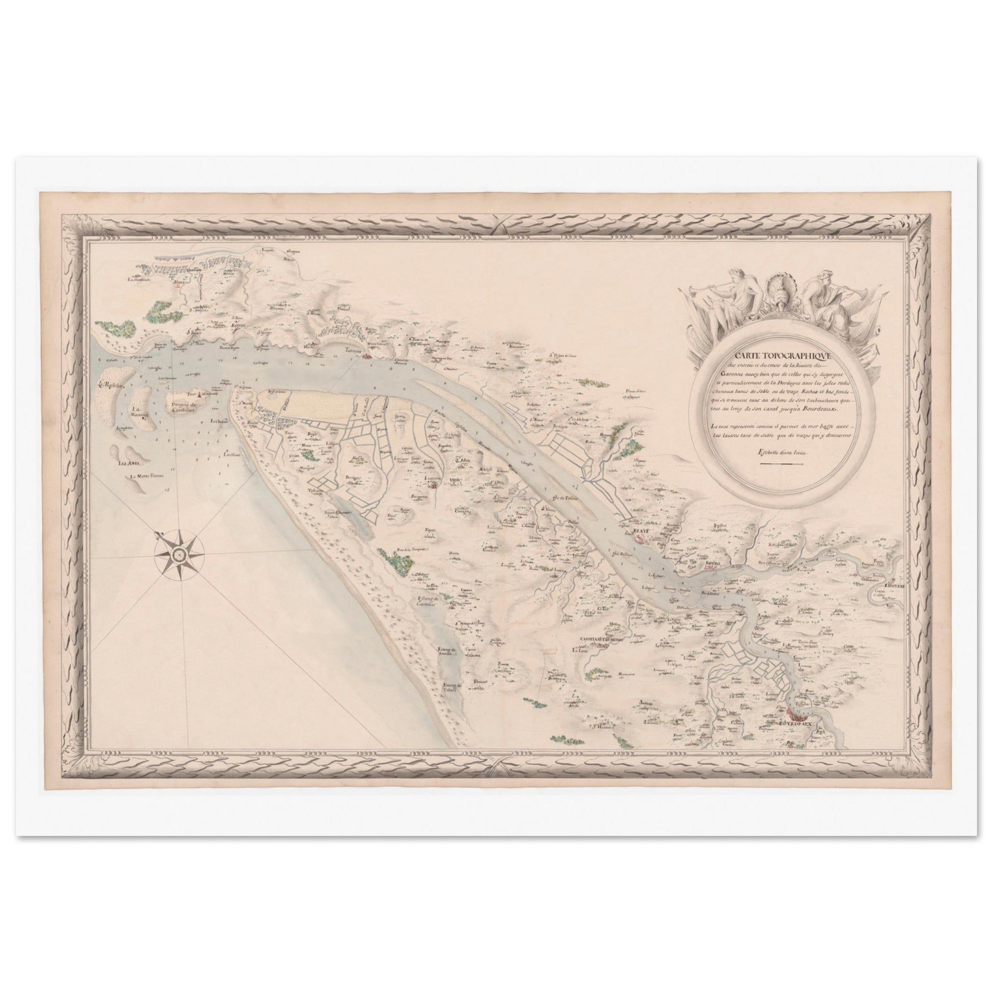 Planche ancienne : Carte de la Garonne et de la Dordogne vers Bordeaux. Carte topographique de la Garonne et de la Dordogne jusqu'à Bordeaux, montrant le fleuve, ses affluents, les villes et les terres, avec une vignette décorative. Image d'illustration 4