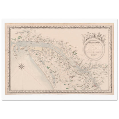 Planche ancienne : Carte de la Garonne et de la Dordogne vers Bordeaux. Carte topographique de la Garonne et de la Dordogne jusqu'à Bordeaux, montrant le fleuve, ses affluents, les villes et les terres, avec une vignette décorative. Image d'illustration 4