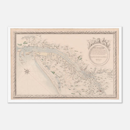 Planche ancienne : Carte de la Garonne et de la Dordogne vers Bordeaux (40x60 cm). Carte topographique de la Garonne et de la Dordogne jusqu'à Bordeaux, montrant le fleuve, ses affluents, les villes et les terres, avec une vignette décorative.